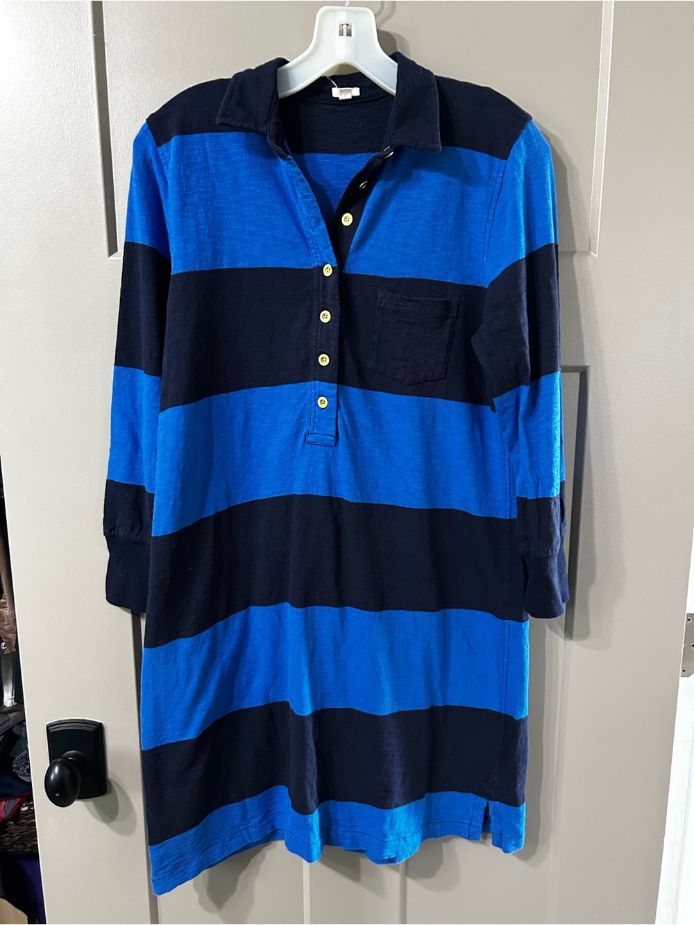 J. Crew  Rugby-Striped Polo dress Bright Blue and Navy gold buttons 💯 cotton